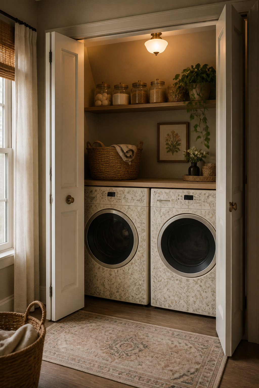 Fully decorated small rental laundry room with covered machines, one plant, one framed print, matched jars and a runner rug