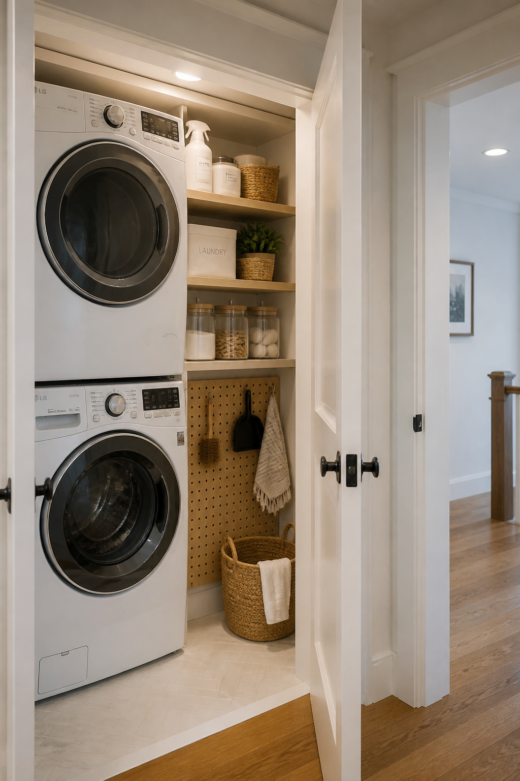 Finished small upstairs laundry room with stacked white machines, open shelves with detergents, and a solid-core door ajar