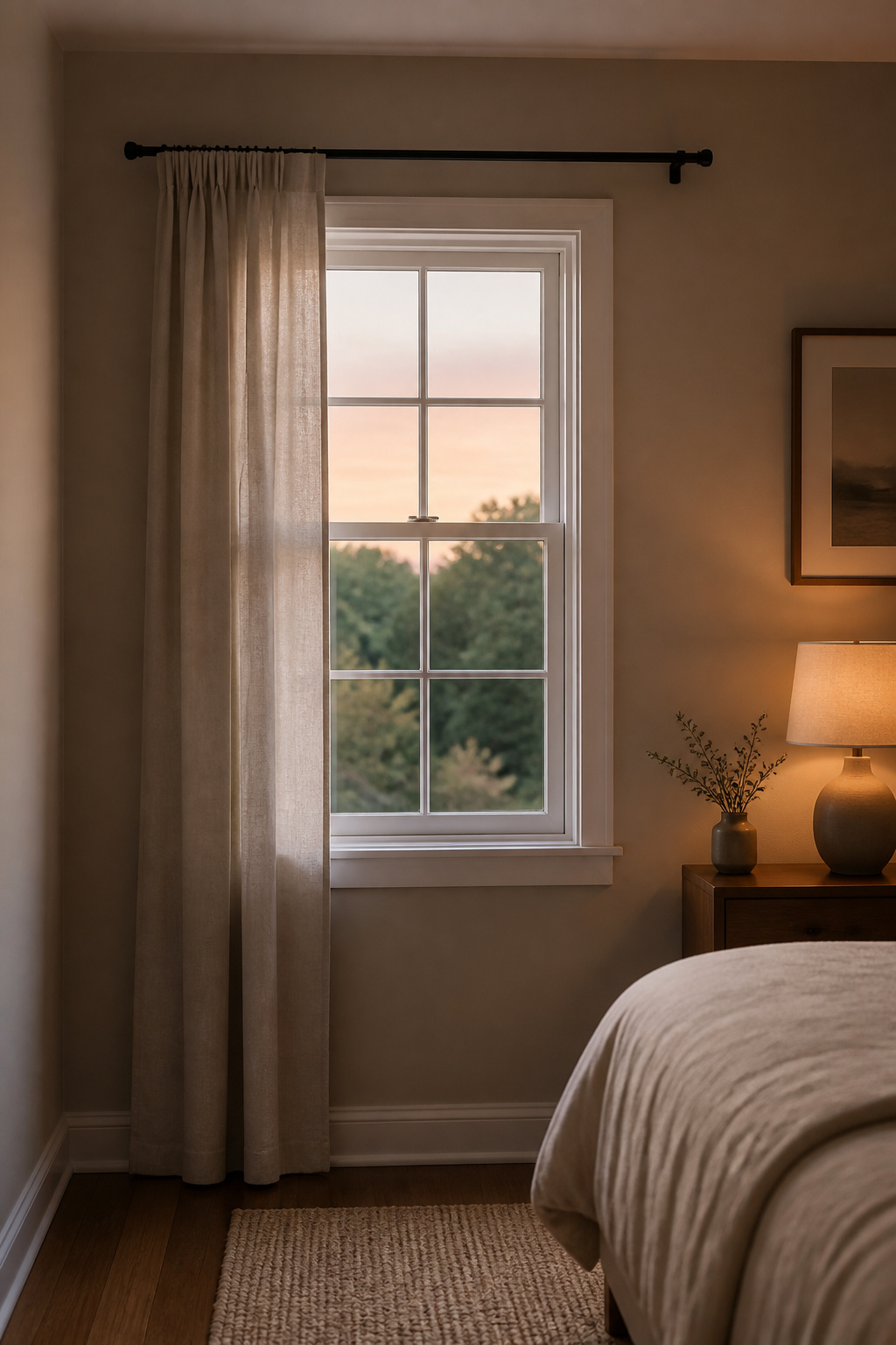 A finished small bedroom window styled with a single spare curtain layer and a wide-mounted rod