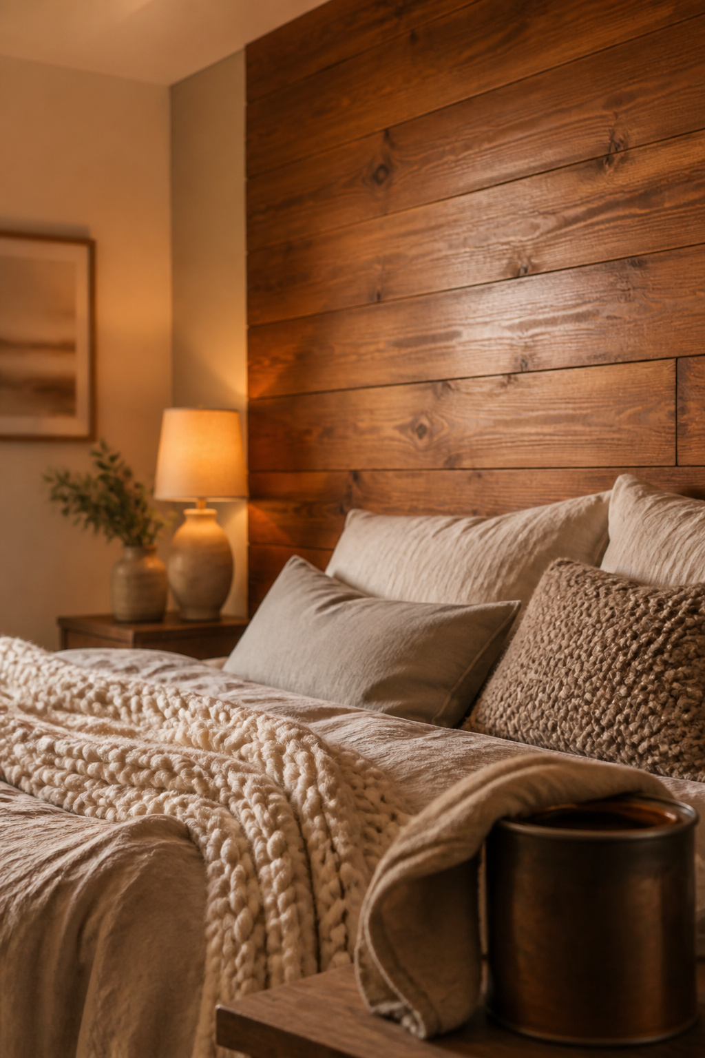 Finished honey oak stained plank accent wall behind a bed styled with linen bedding and a wool throw