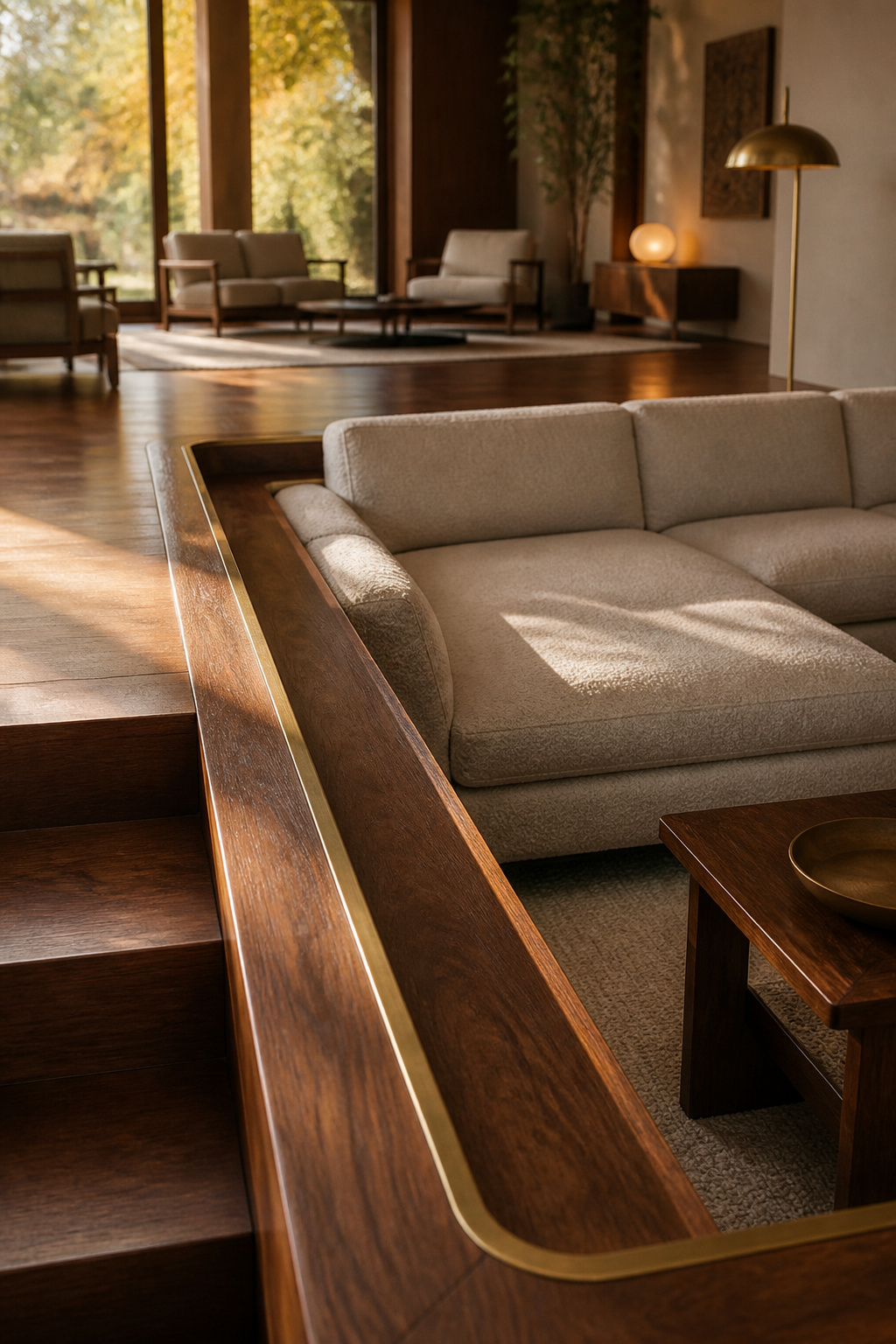 Completed sunken living room with a bouclé sectional, walnut step edging and aged brass trim