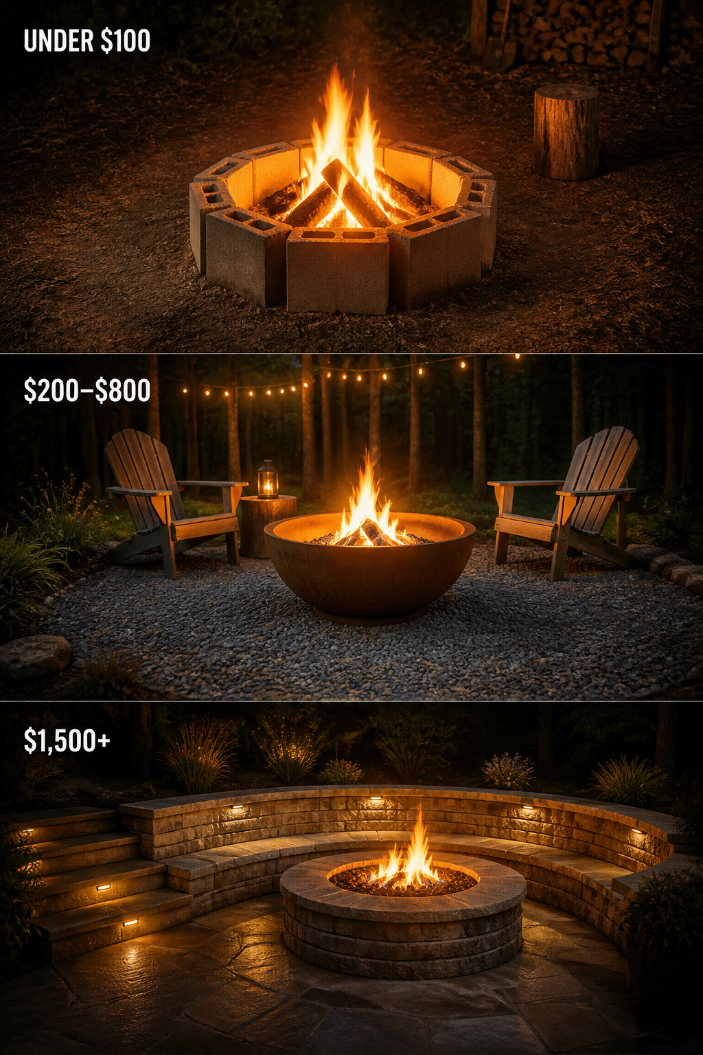 Three tiers of fire pit budget shown in stacked panels: rough cinder block ring, mid-range corten bowl on gravel, and polished permanent built-in with flagstone and masonry bench