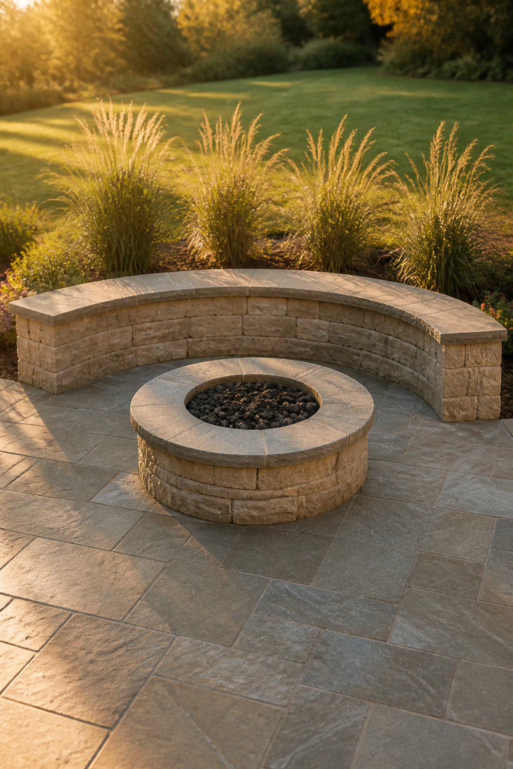 Curved masonry bench with bluestone cap forming a near-complete arc around a round stone fire pit on a bluestone patio