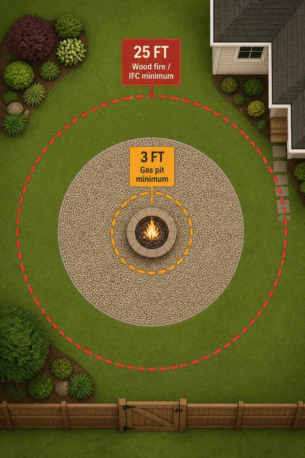 Bird's-eye plan diagram showing fire pit clearance rings: 3 feet for gas, 25 feet for wood-burning, house and fence beyond the outer ring