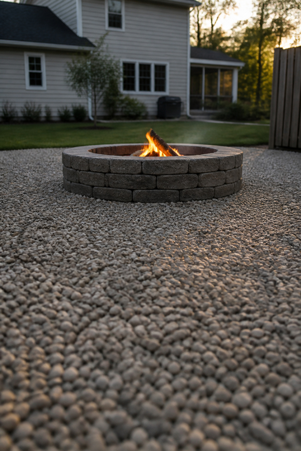 Stone fire pit positioned in open backyard with generous clearance from house visible in the background
