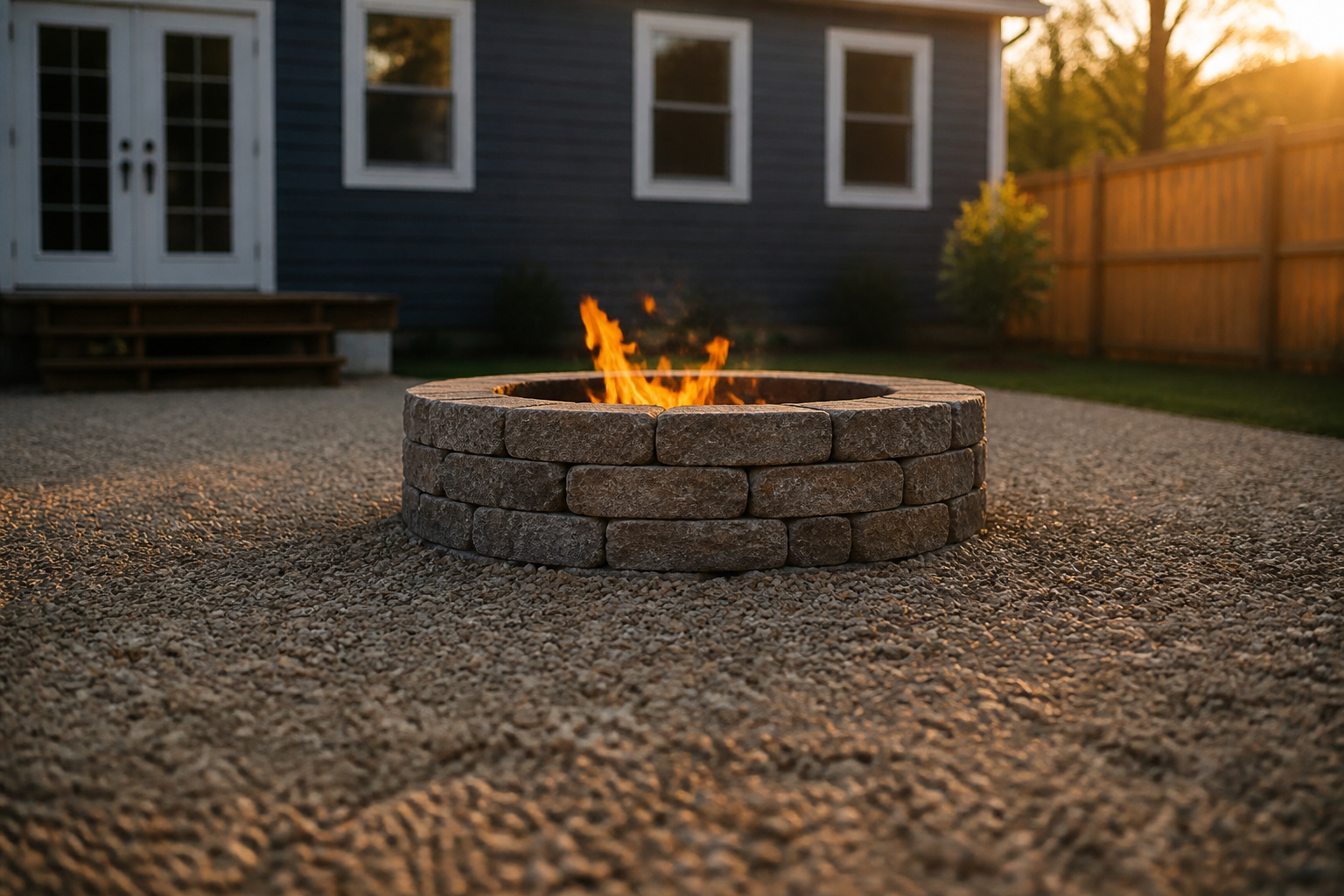 Stone fire pit positioned in open backyard with generous clearance from house visible in the background