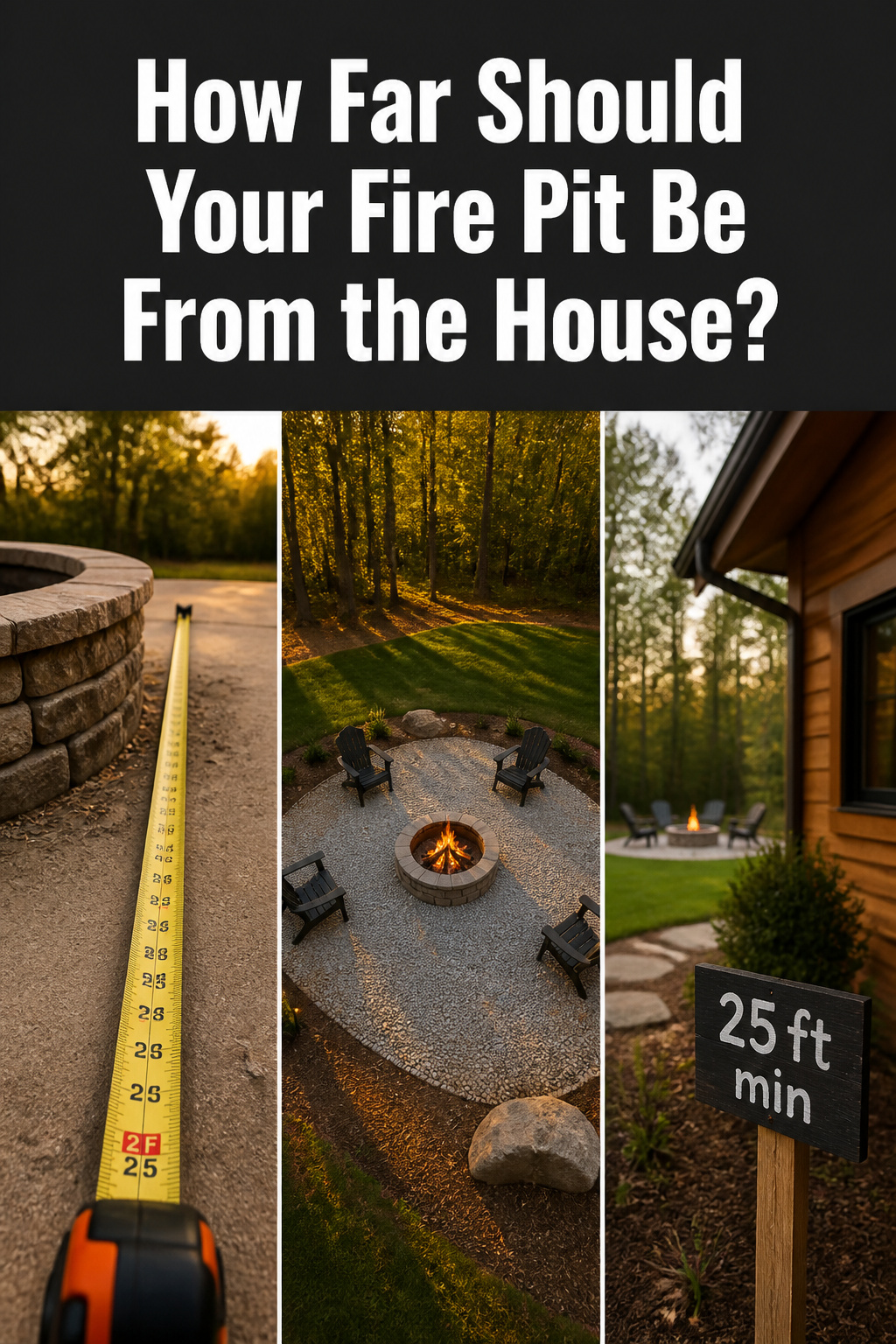 Pinterest collage showing fire pit clearance: measuring distance, open apron around pit, and house in background beyond 25-foot zone