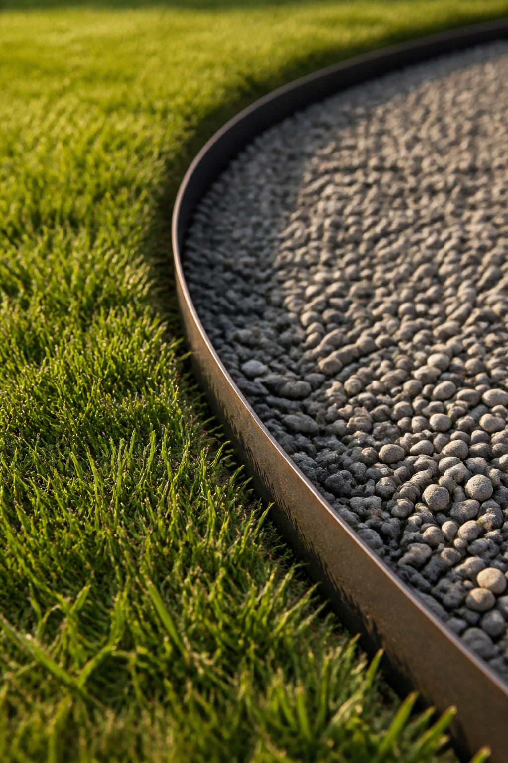 Steel landscape edging separating pea gravel fire pit surround from lawn with gravel set below the edging top