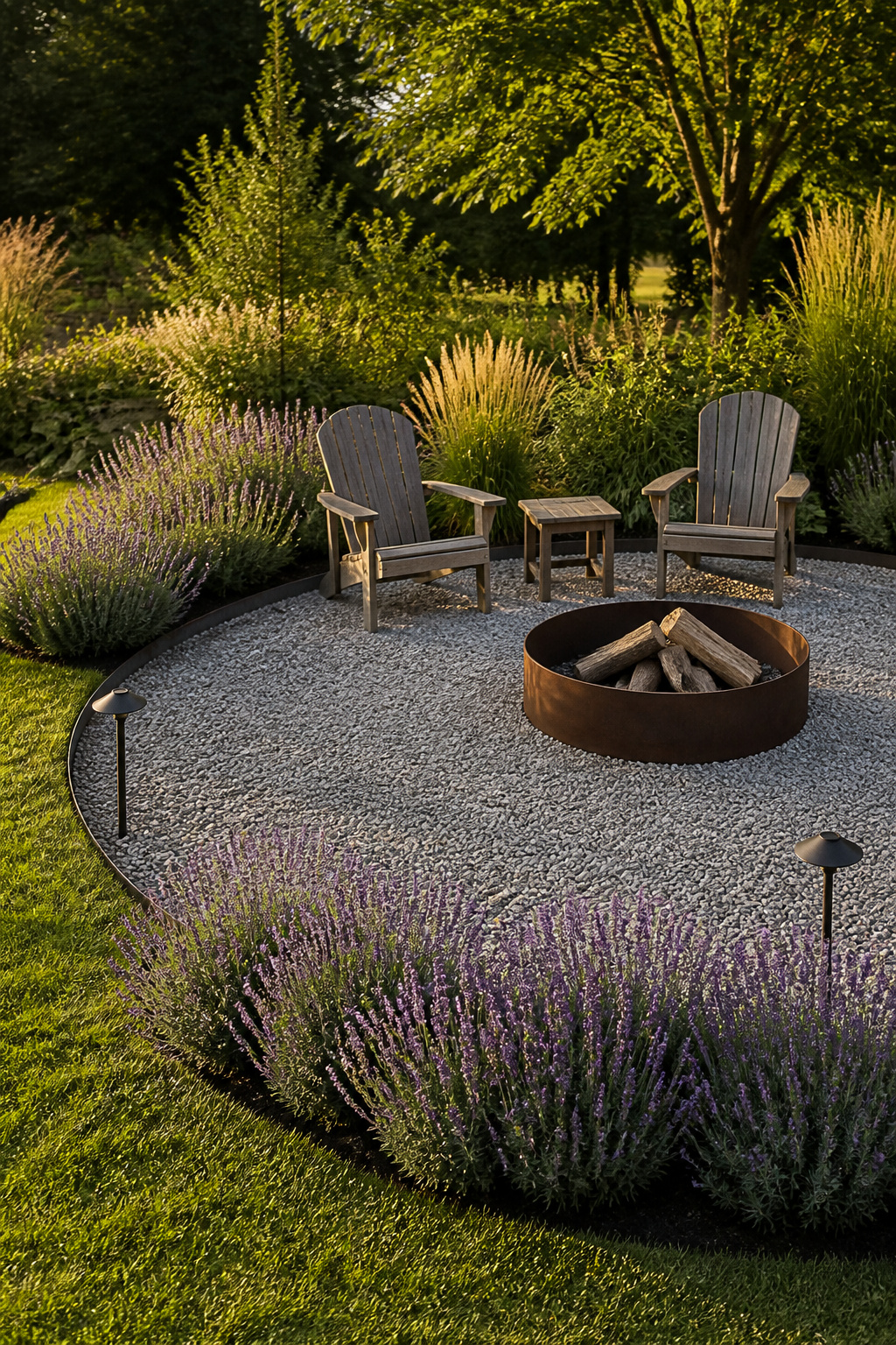 Established backyard fire pit area with pea gravel surround, steel edging, and lavender border in late summer