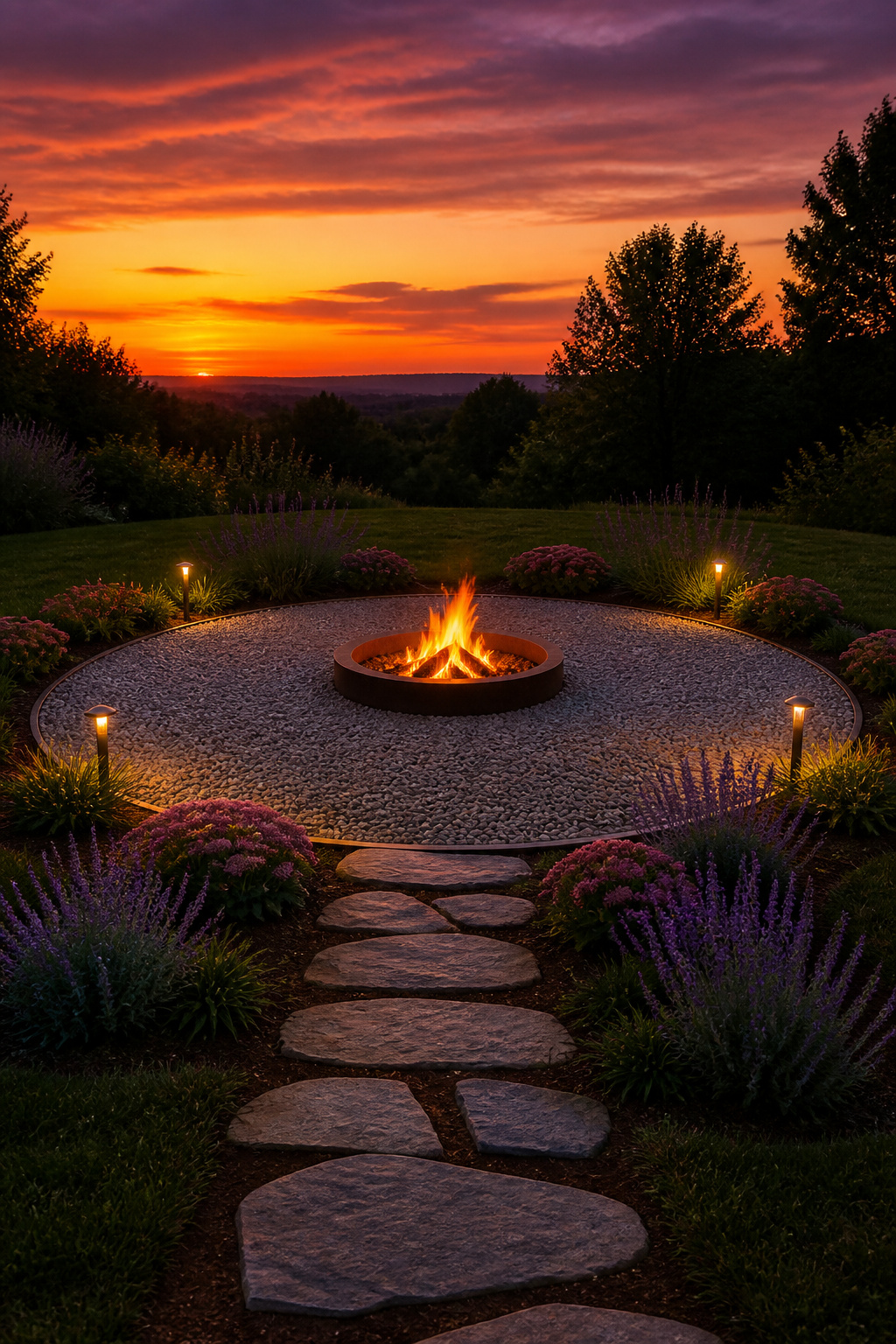 Circular pea gravel fire pit area with steel edging, lavender border planting, and low-voltage perimeter path lights at twilight
