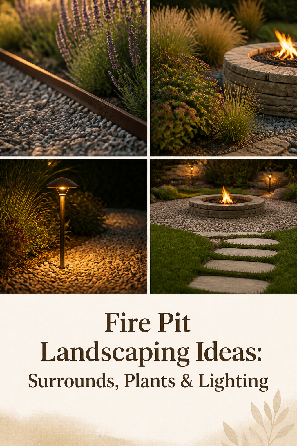 Pinterest collage of fire pit landscaping ideas showing pea gravel surround, edging, fire-safe plants, and perimeter path lights