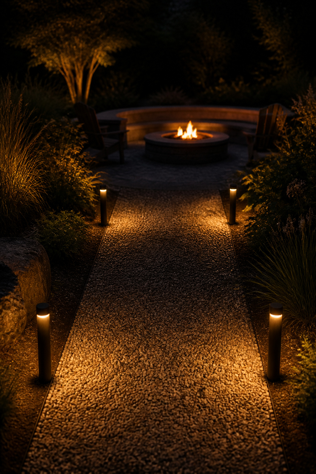Low-voltage amber bollard path lights illuminating a gravel pathway leading to a fire pit area at night