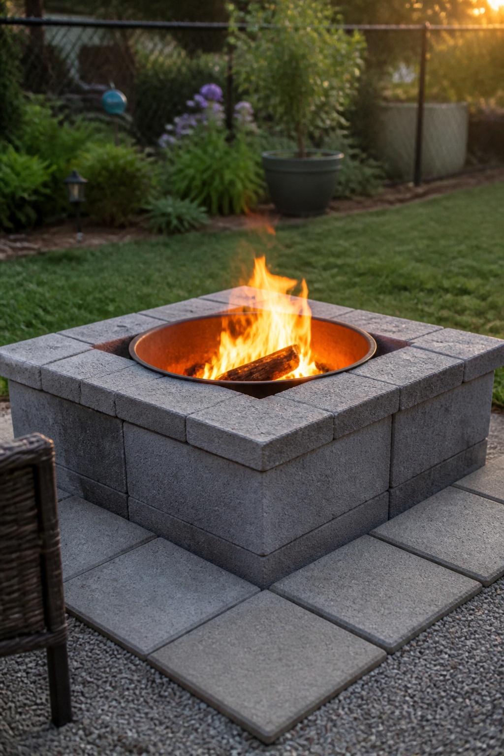 A cinder block fire pit upgraded with a steel bowl insert and concrete stepping stone paver apron around the perimeter