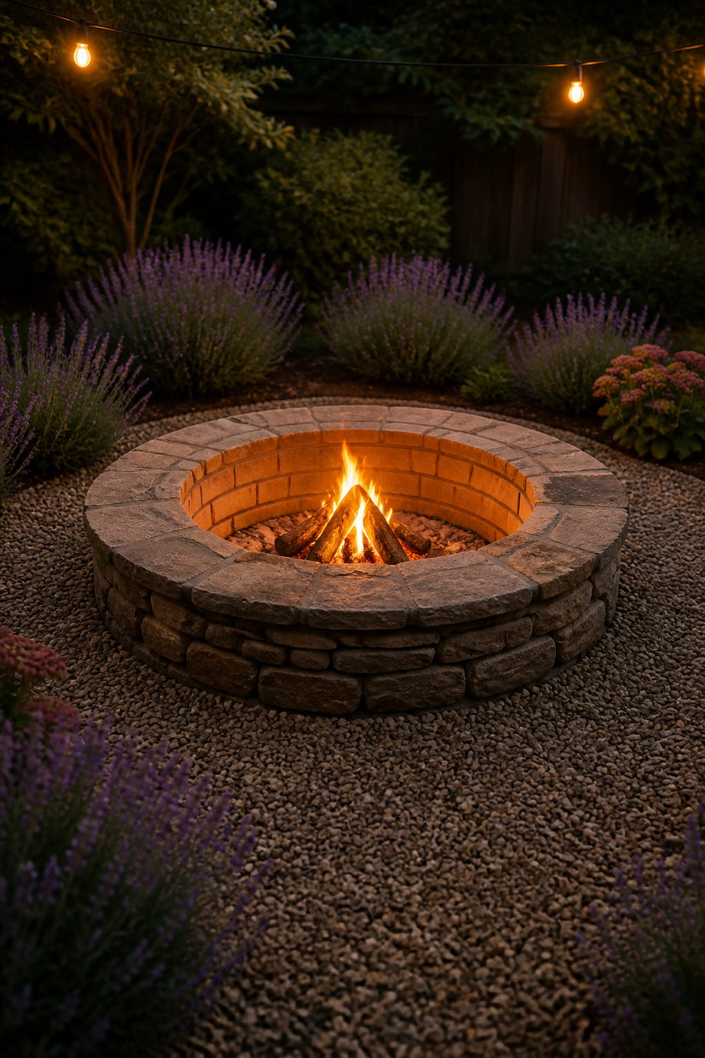Brick and flagstone fire pit surrounded by a pea gravel apron with lavender plantings at the edge and string lights overhead at dusk