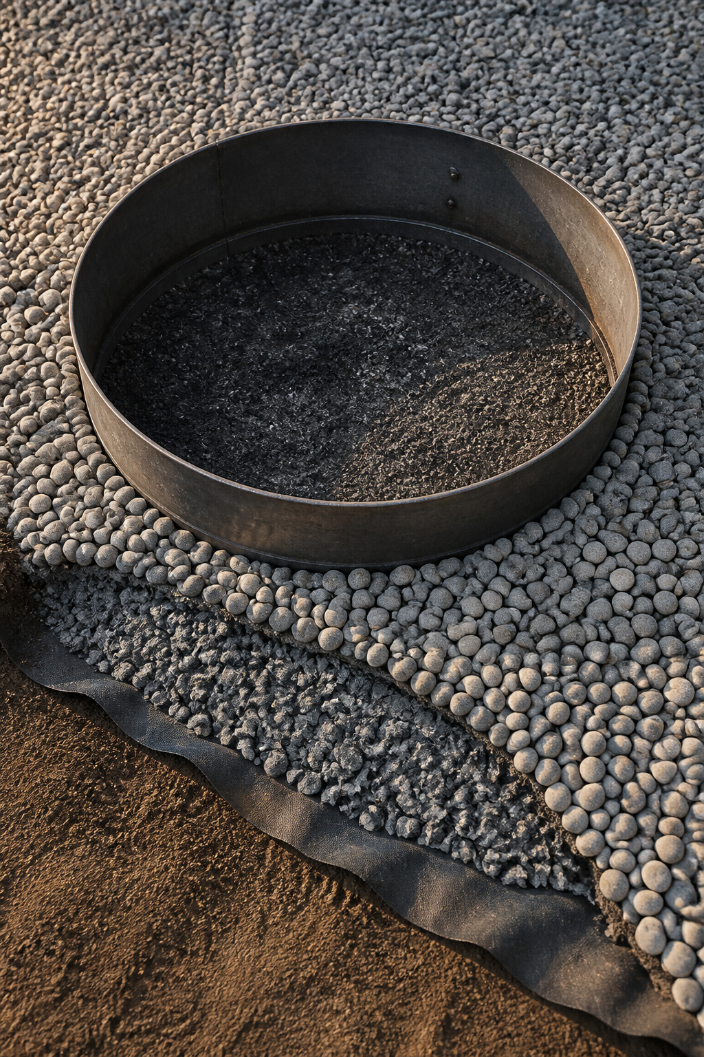 Cross-section view of pea gravel fire pit surround showing crushed-stone base layer and landscape fabric beneath the surface