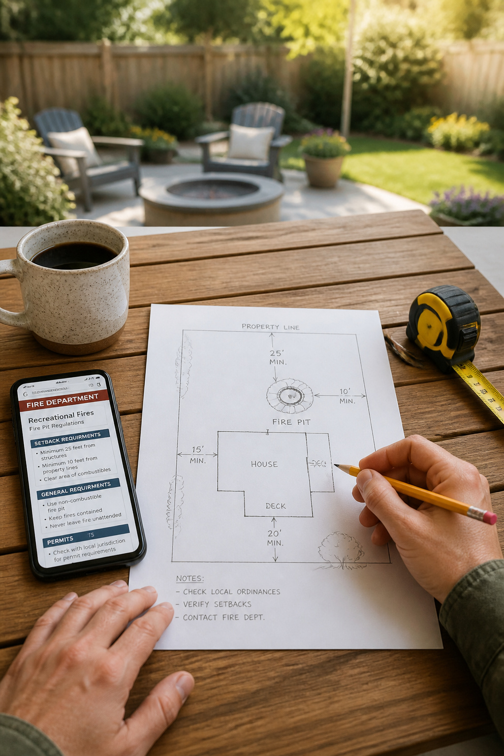 Homeowner reviewing hand-drawn backyard site plan with fire pit clearance measurements, phone showing fire department website nearby