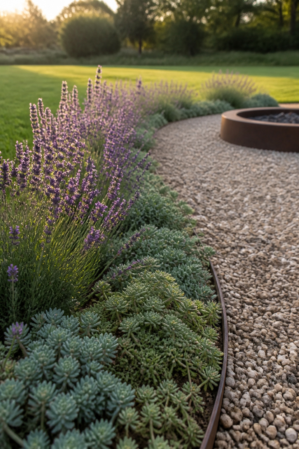 Lavender and sedum planted at the edge of a pea gravel fire pit surround as a fire-resistant planting border