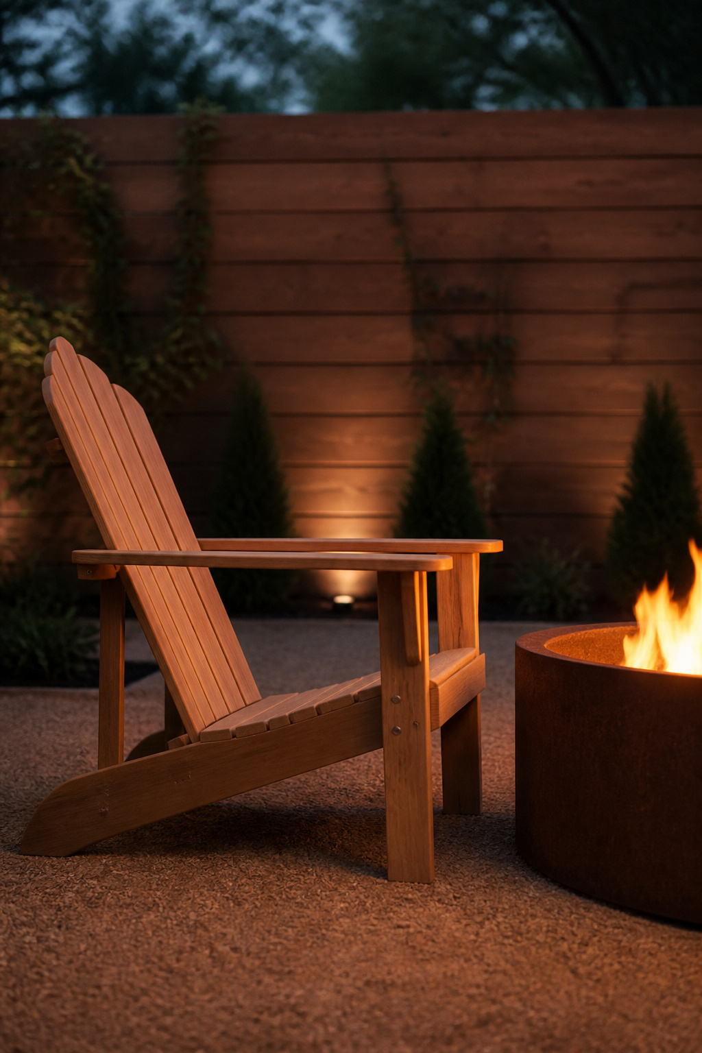 Side view showing seat height of teak Adirondack chair aligned with corten steel fire pit rim height, demonstrating comfortable sightline relationship