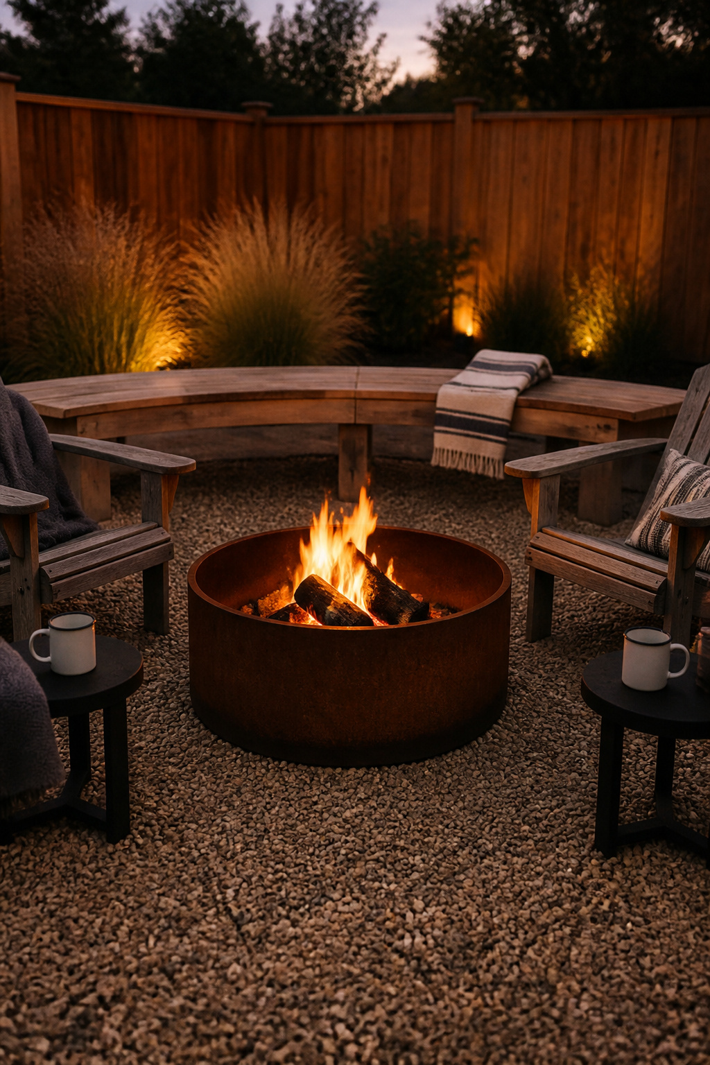 Mixed fire pit seating arrangement with two teak Adirondack chairs and a curved cedar bench around a corten steel fire pit on pea gravel