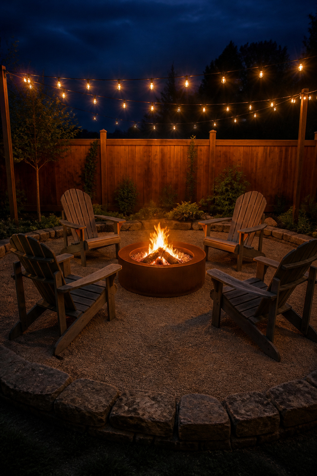 Four teak Adirondack chairs arranged in a circle around a glowing corten steel fire pit on decomposed granite, string lights overhead at dusk