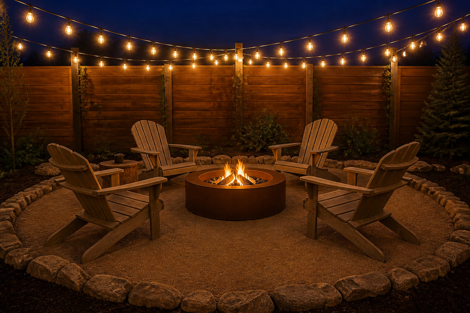 Four teak Adirondack chairs arranged in a circle around a glowing corten steel fire pit on decomposed granite, string lights overhead at dusk