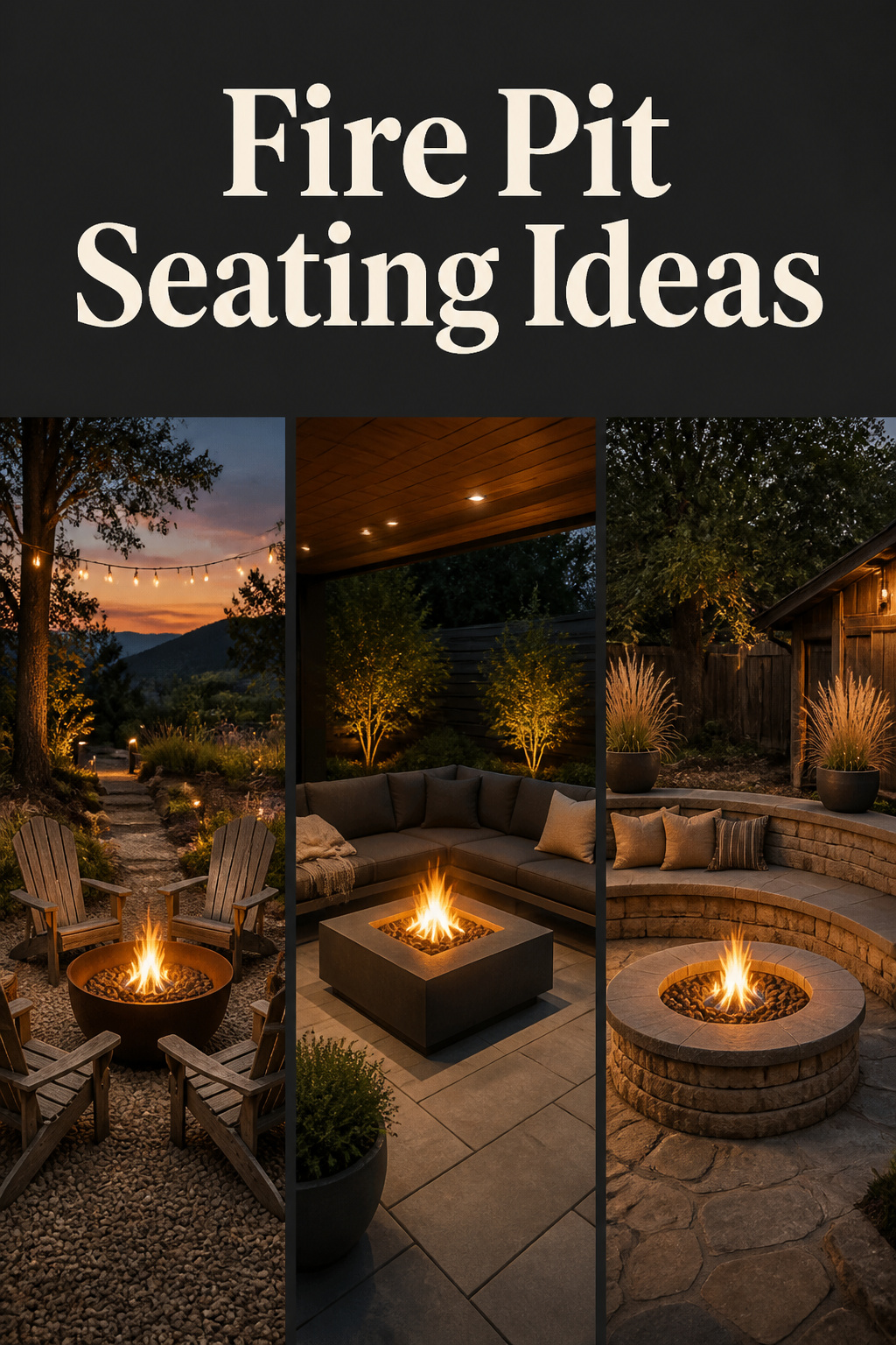 Three fire pit seating configurations side by side: Adirondack chairs on gravel, outdoor sectional with propane fire table, and built-in curved masonry bench