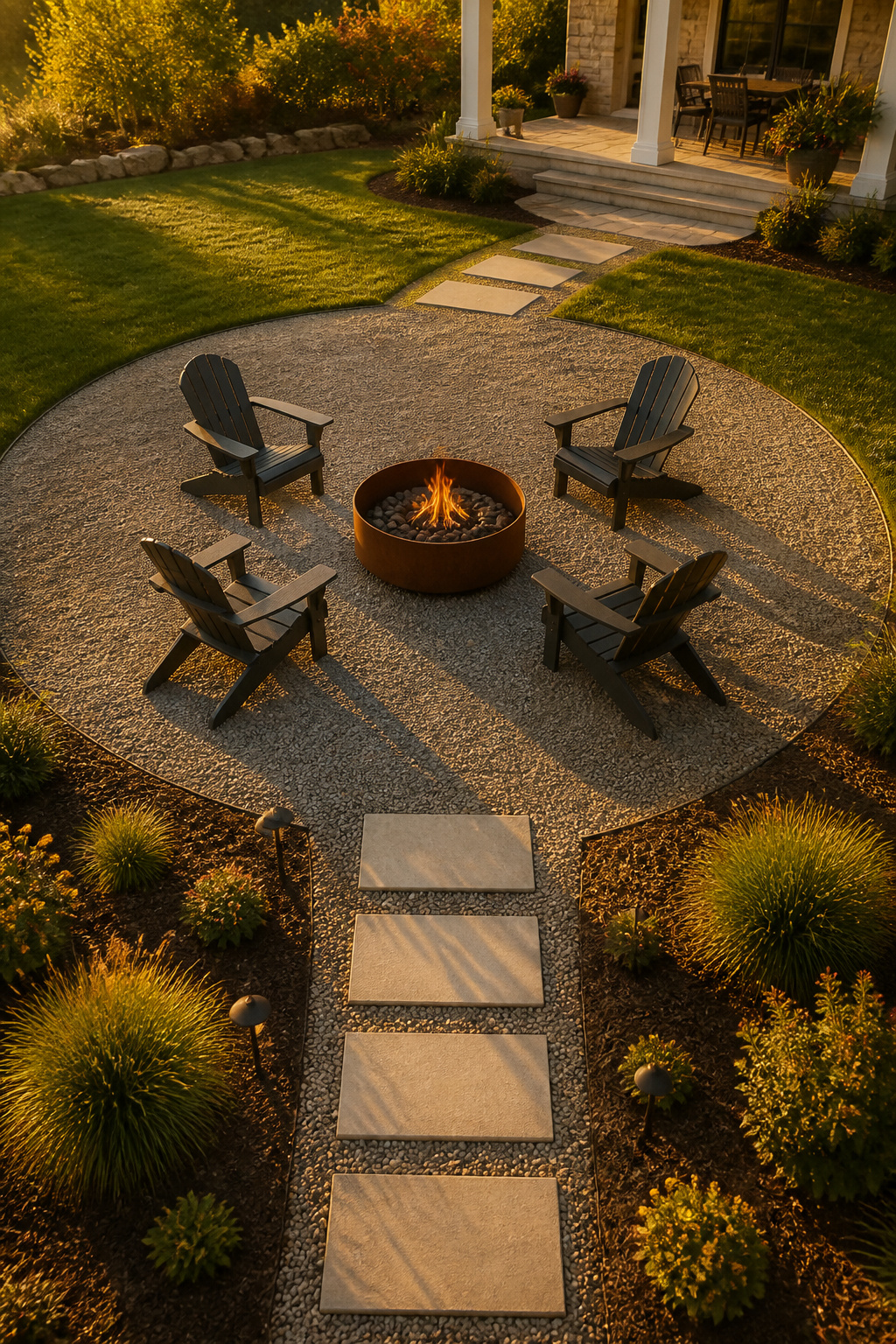 Overhead view of four Adirondack chairs in a circle around a fire pit with a clear 36-inch traffic path behind chairs and a stepping stone entry path