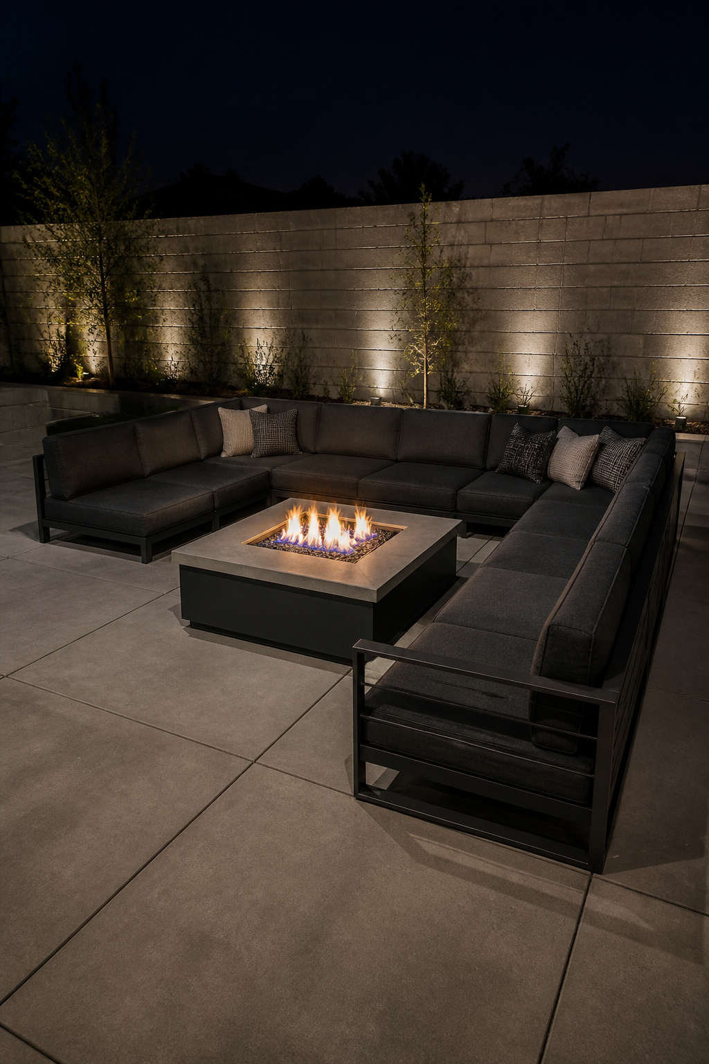 Charcoal U-shaped outdoor sectional wrapping three sides of a square propane fire table on concrete pavers with clear entry lane on the fourth side