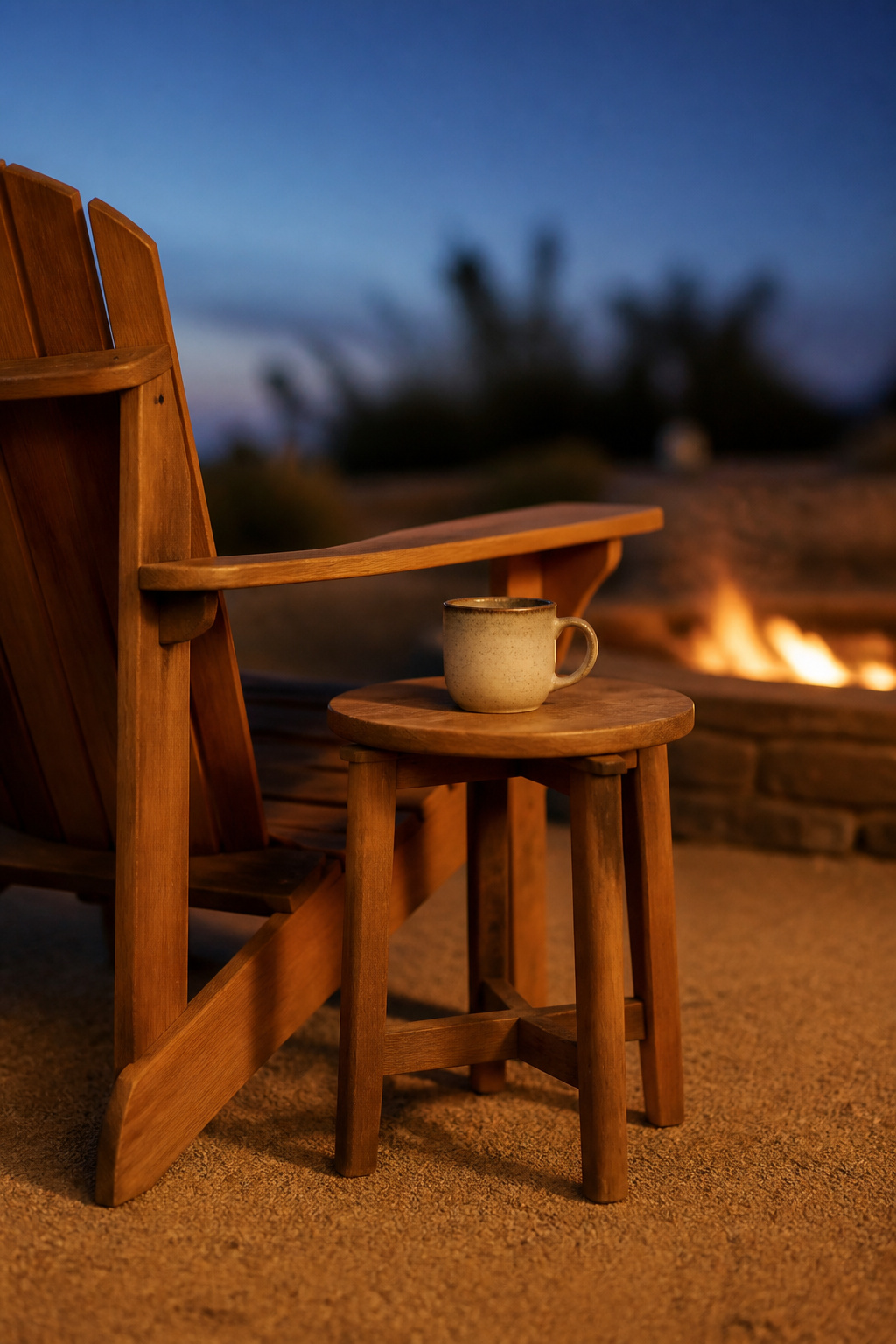 Teak Adirondack chair beside a 22-inch-high side table at arm height with a ceramic mug, fire pit glowing in background