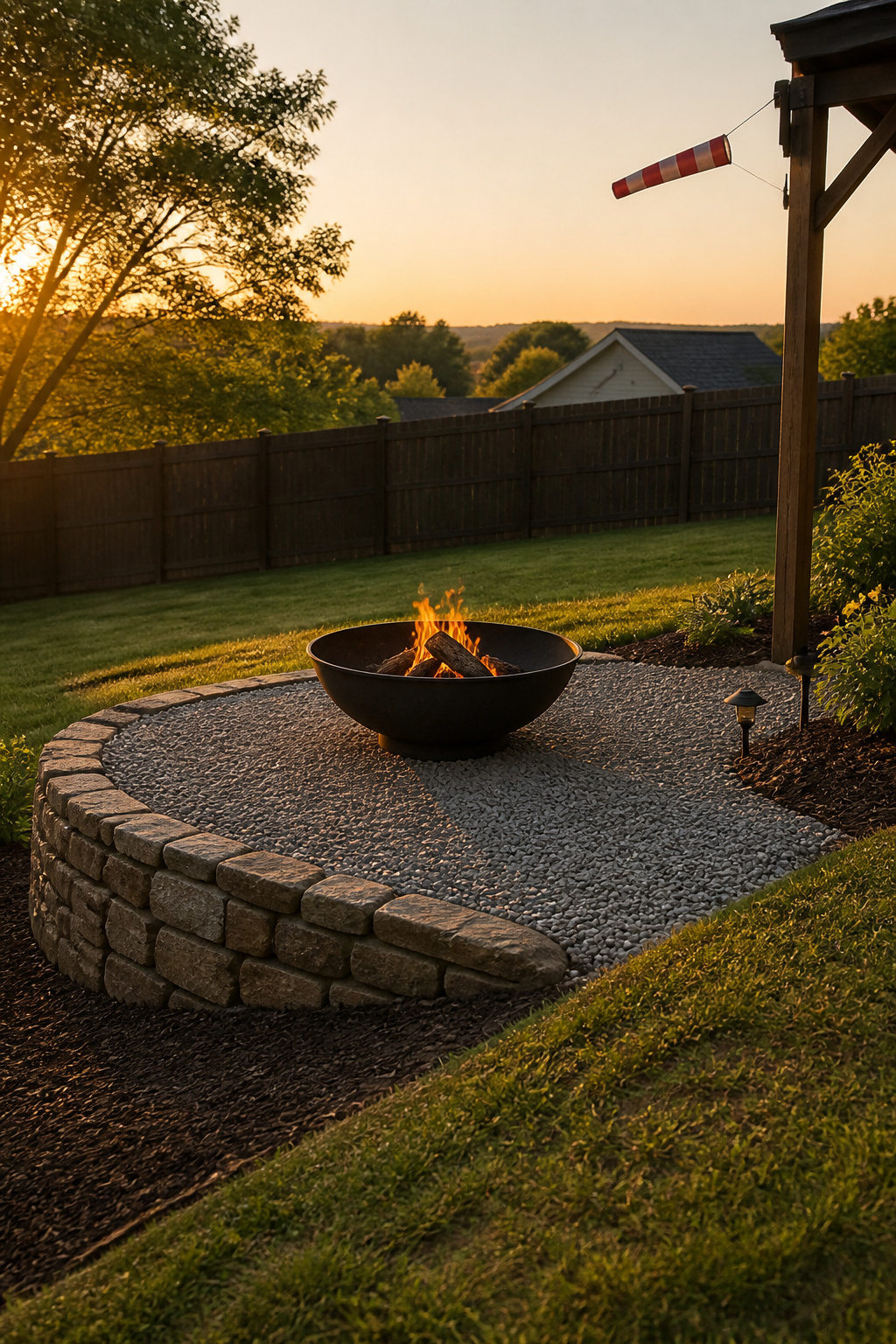 Fire pit on level terraced pad on sloped yard, fence in background, wind indicator showing direction away from structures