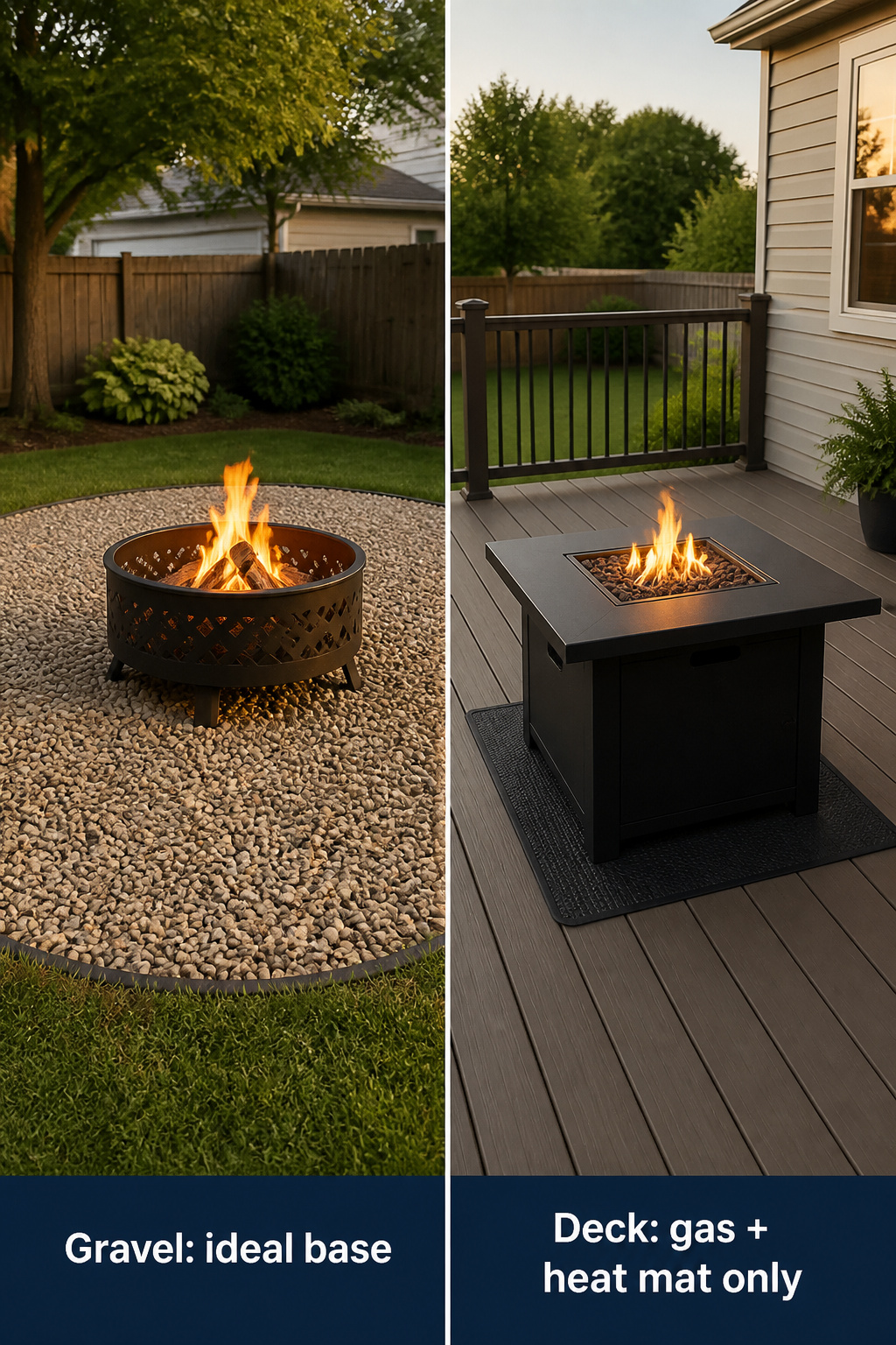 Two fire pit surface scenarios: wood-burning pit on pea gravel pad on the left, certified gas fire table on composite deck with heat mat on the right