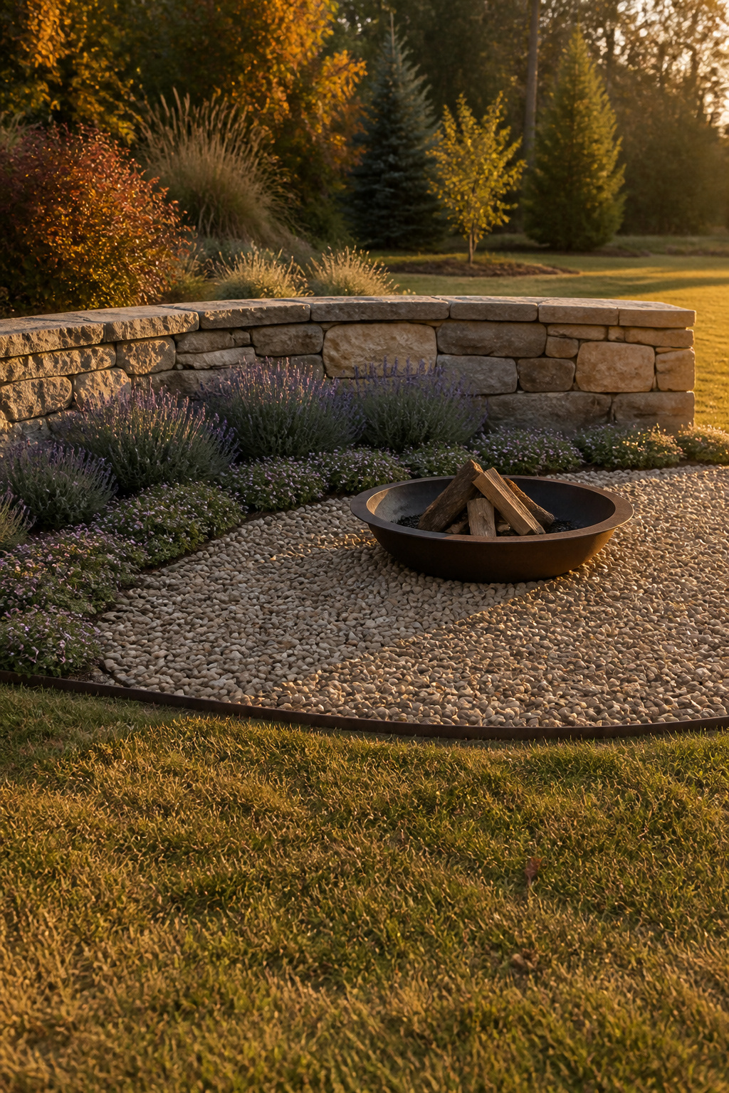 Low retaining wall and lavender planting creating a transition zone between a pea gravel fire pit surround and surrounding lawn