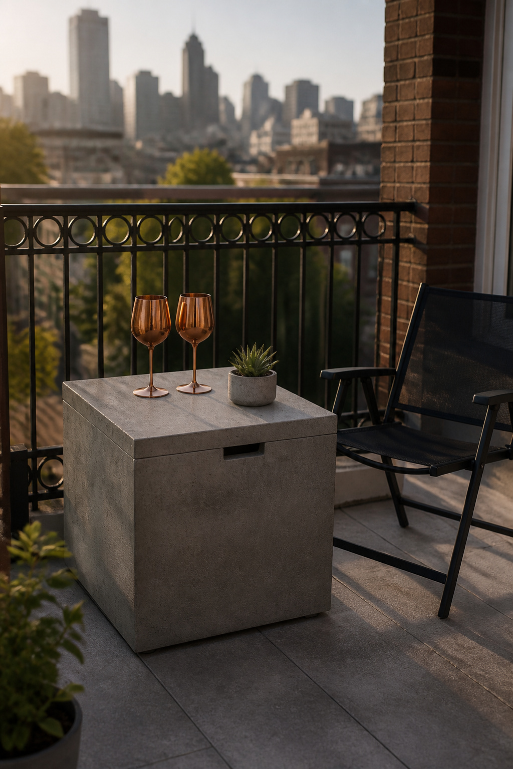 28-inch concrete-look propane fire table with lid closed, serving as outdoor drinks table with wine glasses and succulent on balcony with city view