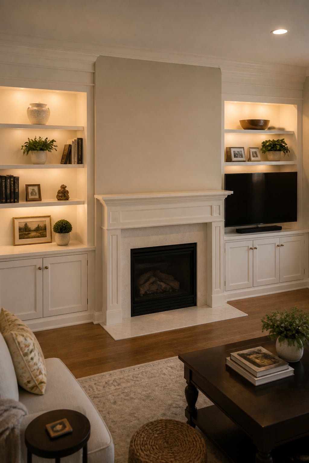 Traditional fireplace flanked by white built-in shelving with a flat-screen TV mounted at eye level within the built-in unit beside rather than above the fireplace