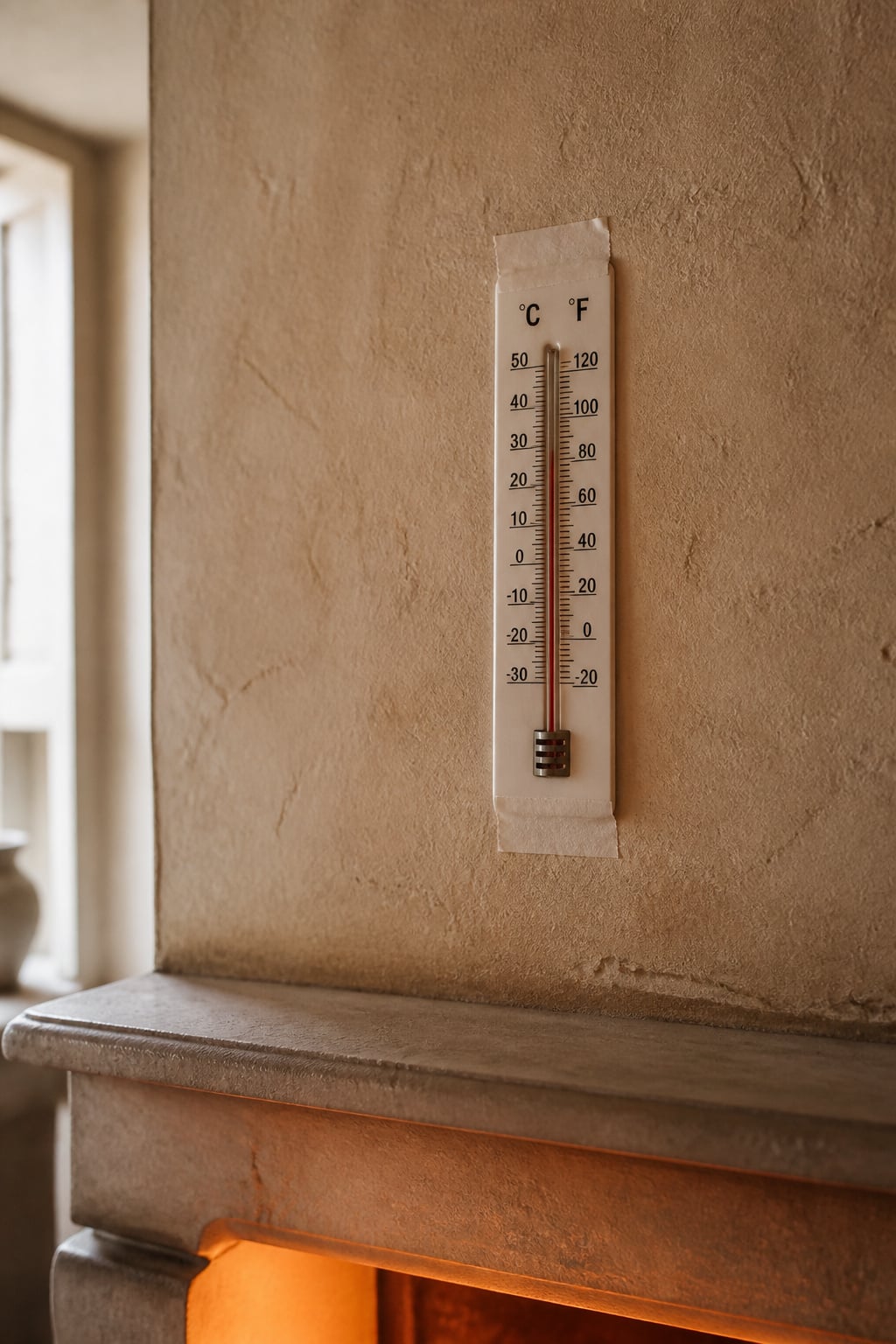 Thermometer taped to wall above a fireplace mantel during heat test before TV mounting