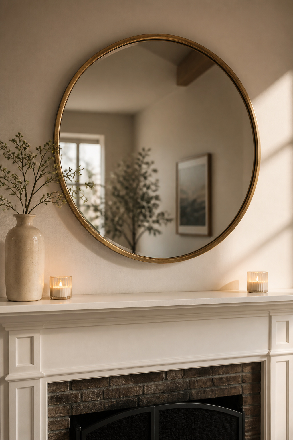 Large round brass mirror hung above a fireplace mantel, spanning two-thirds of the shelf width with a 6-inch gap above the shelf surface