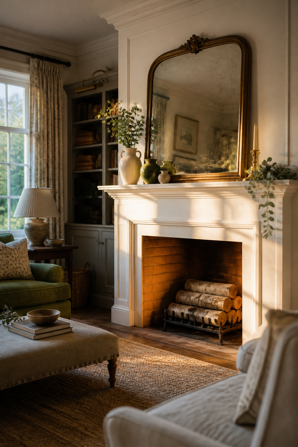 Styled fireplace mantel with a large mirror, ceramic vases, and eucalyptus arranged in a layered composition on a white painted surround