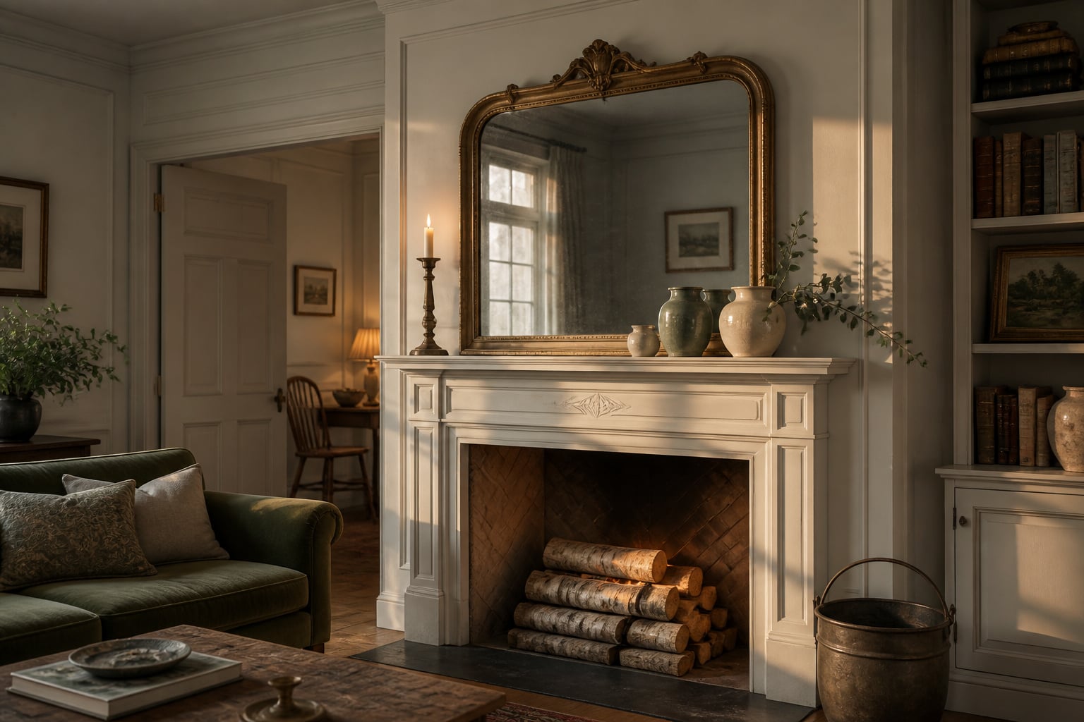 Styled fireplace mantel with a large mirror, ceramic vases, and eucalyptus arranged in a layered composition on a white painted surround