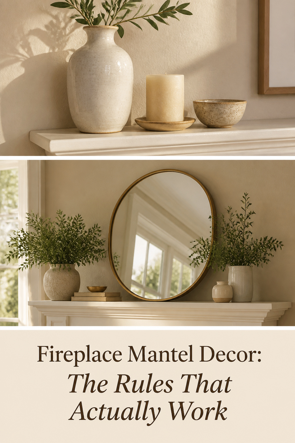 Pinterest collage showing fireplace mantel decorating rules: ceramic groupings, mirror placement, and styled mantel shelf