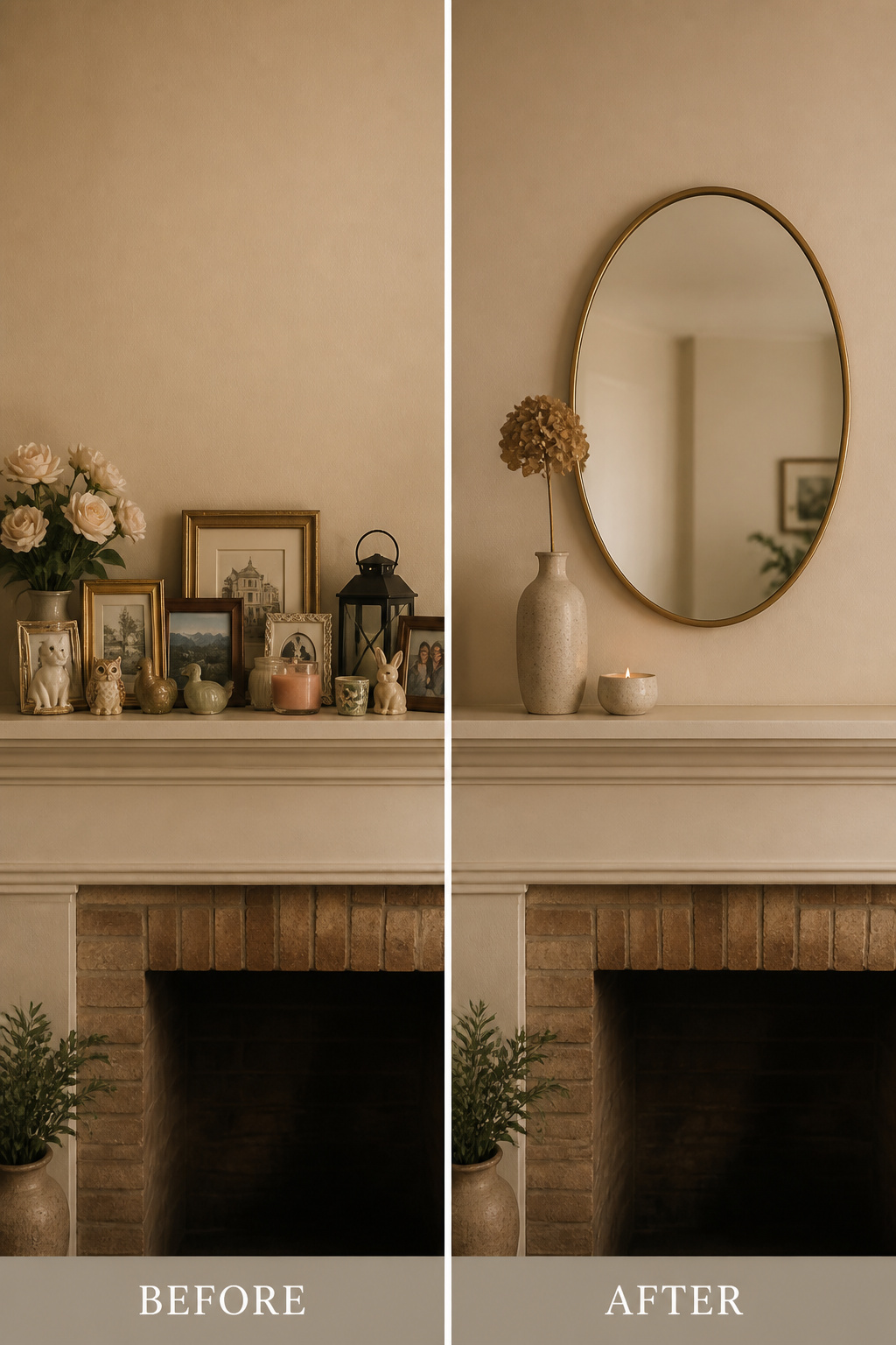 Before and after mantel styling edit: crowded shelf with mismatched small objects versus resolved shelf with large mirror, single vase, and candle