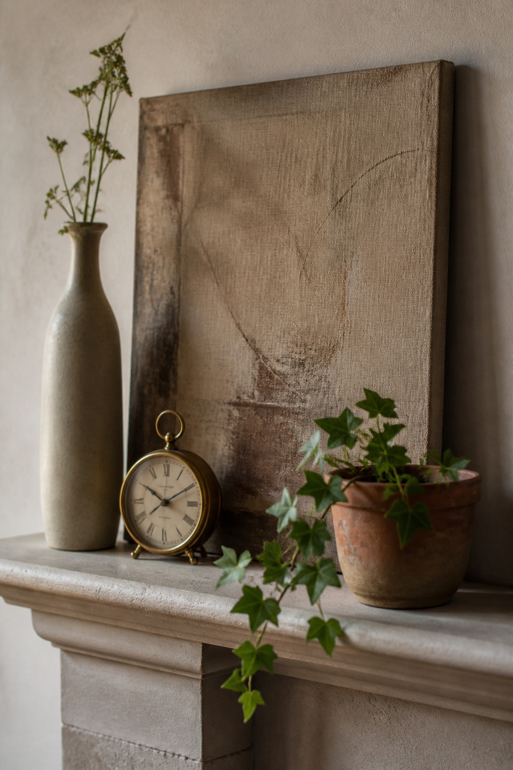 Fireplace mantel with leaning canvas print behind ceramic vase and brass clock, with trailing ivy at shelf front edge, creating front-to-back depth