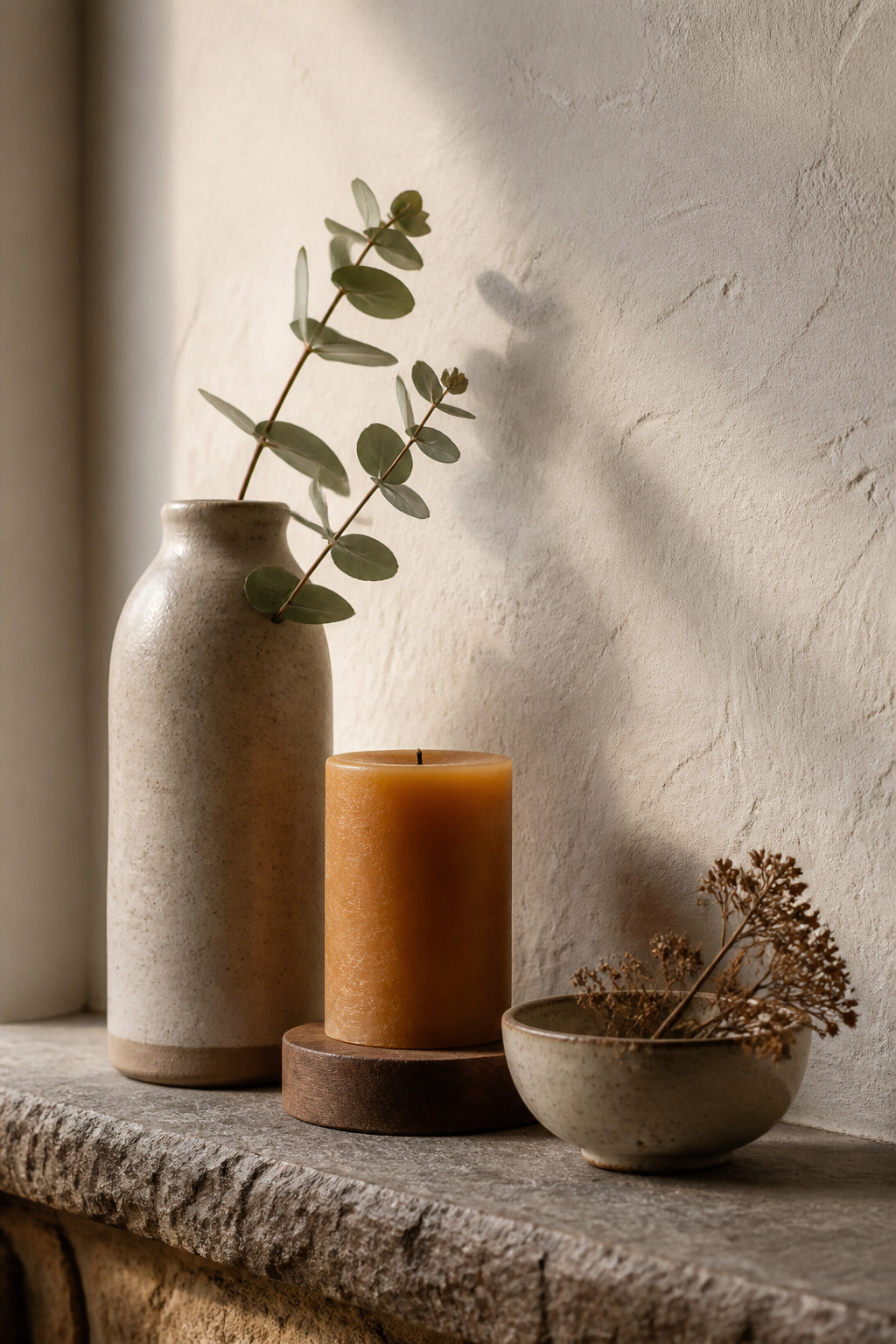 Three mantel objects at varied heights — tall vase, medium candle, small bowl — arranged in a visual triangle on a fireplace shelf