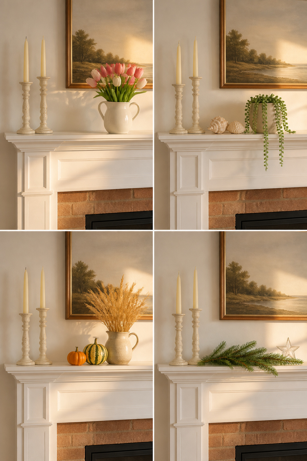Four-panel grid showing the same fireplace mantel base layer styled across spring, summer, autumn, and winter with seasonal accent swaps