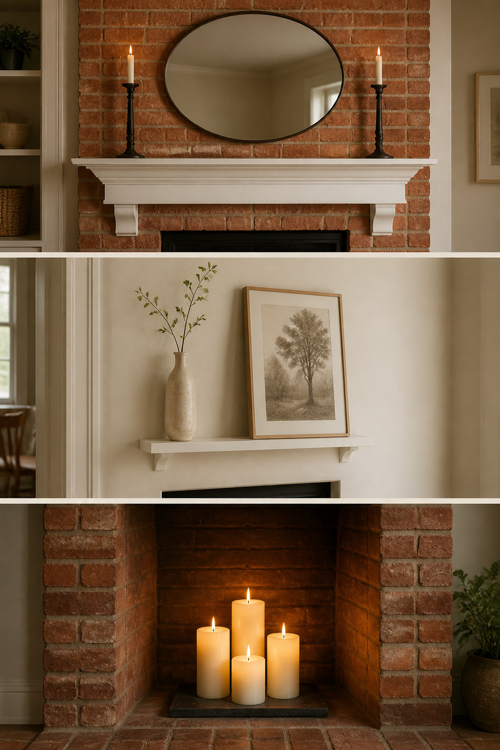 Three-panel image showing a brick fireplace mantel with iron objects, a narrow mantel with a tall vase, and an unused firebox styled with candles