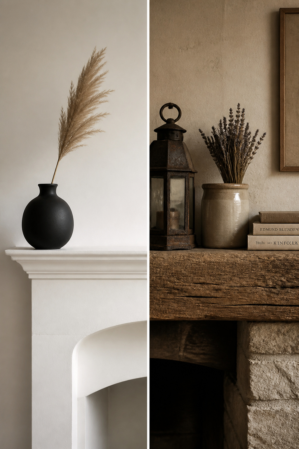 Side-by-side comparison of minimalist white mantel with single vase versus rustic reclaimed wood mantel with layered farmhouse objects