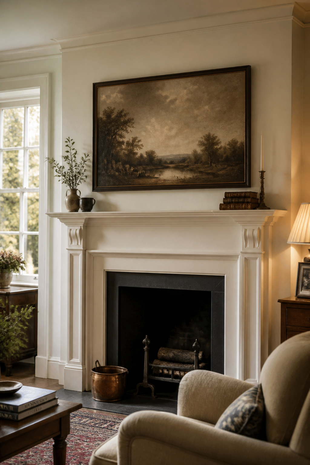 Georgian living room fireplace wall with a landscape painting above the white painted mantel shelf, afternoon light from a sash window