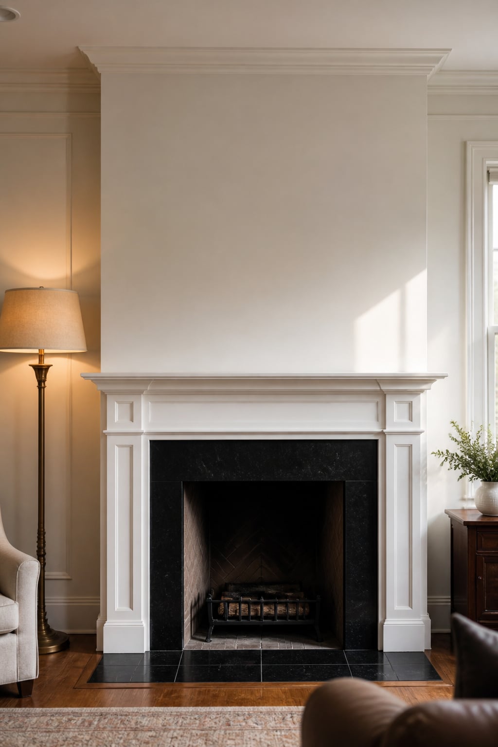 White-painted traditional fireplace surround with blank wall above the mantel in a warm traditional living room