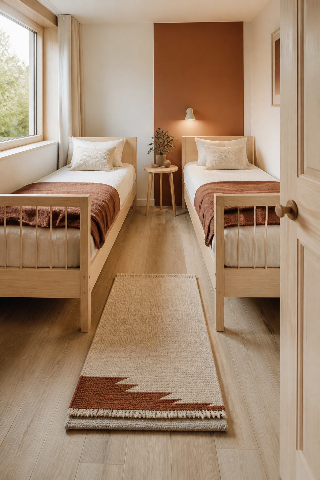 Small bright bedroom with two twin bed frames along one wall and a clear walking aisle measured out on the floor