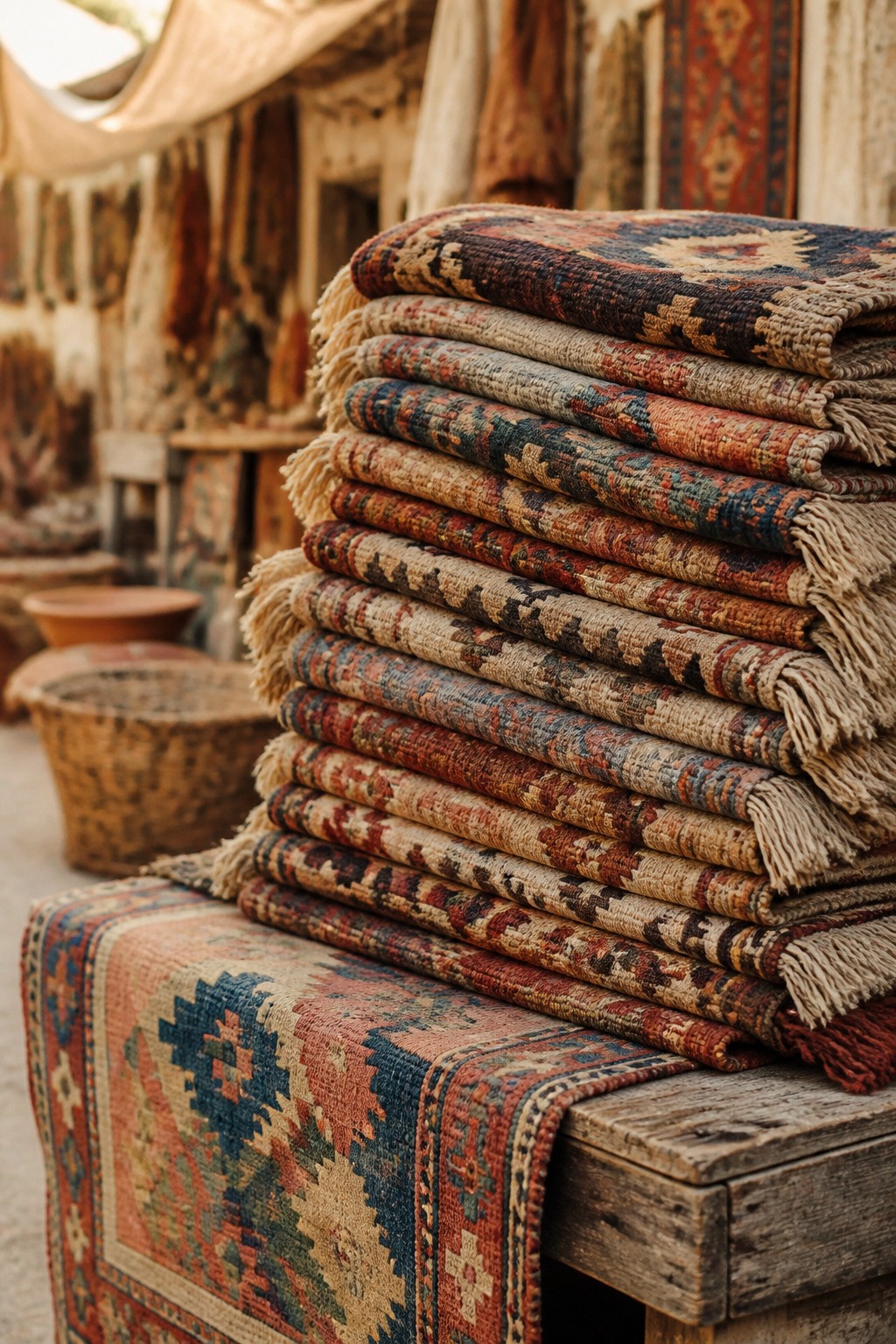 Stack of folded vintage kilim rugs displayed at an outdoor flea market stall