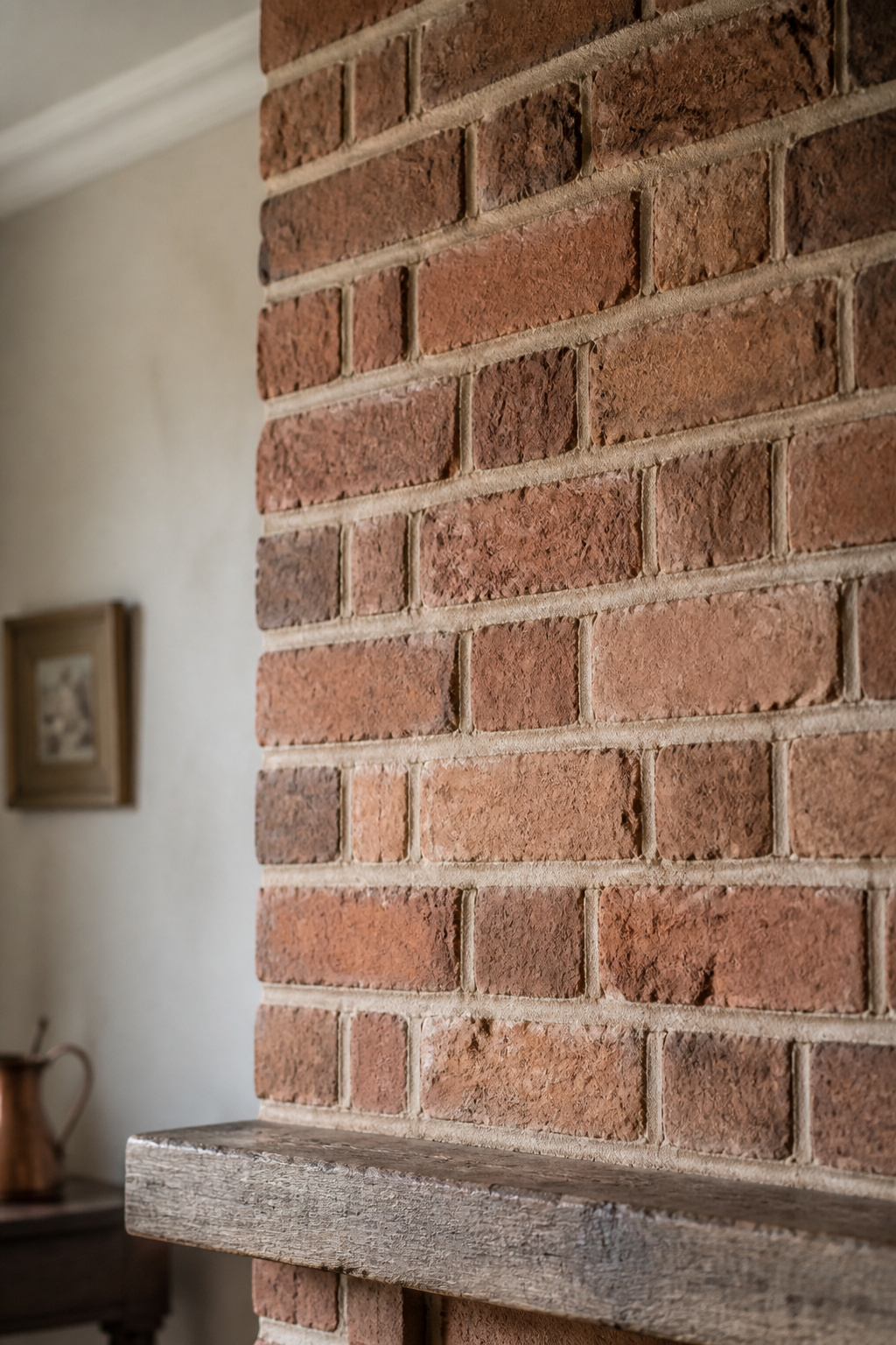 Close-up of Georgian Flemish-bond brick fireplace breast showing alternating stretcher and header courses with pale cream mortar joints